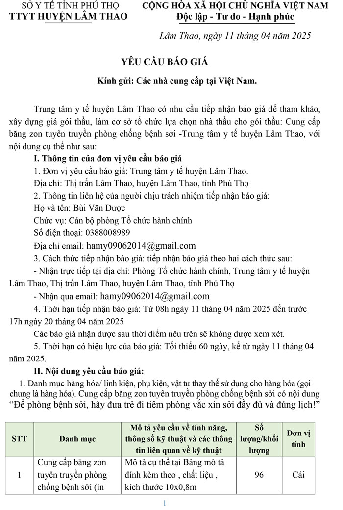 Yêu cầu báo giá cung cấp băng zon tuyên truyền phòng chống bệnh sởi