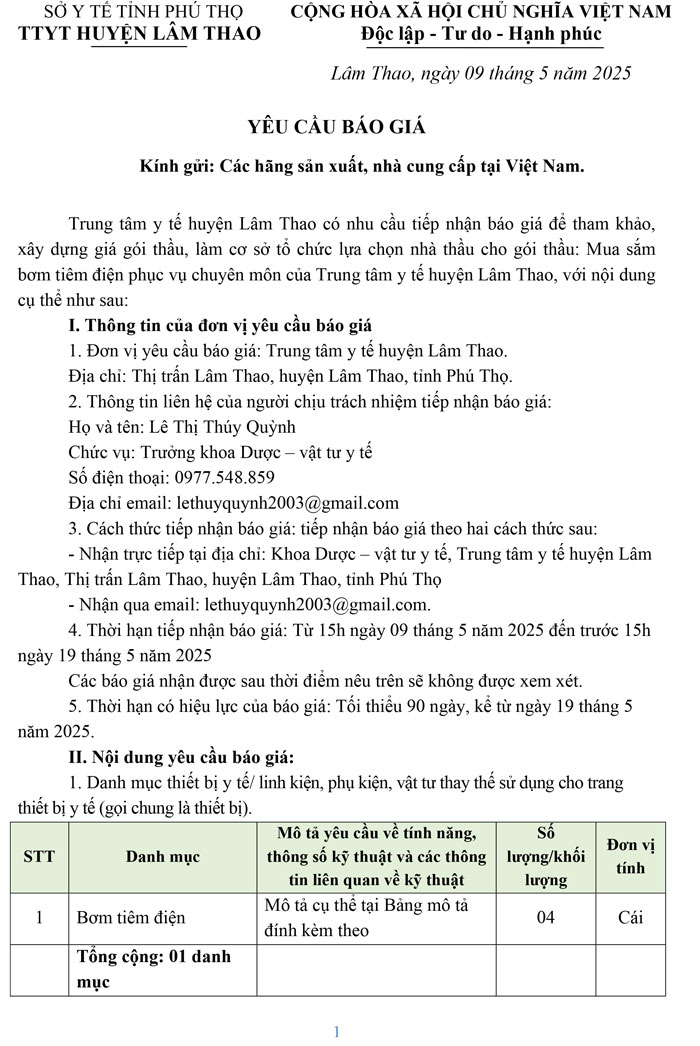 Yêu cầu báo giá mua sắm bơm tiêm điện