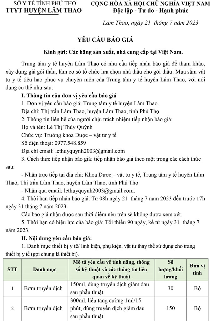 Yêu cầu báo giá thiết bị
