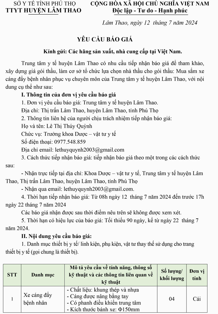 Yêu cầu báo giá xe cáng