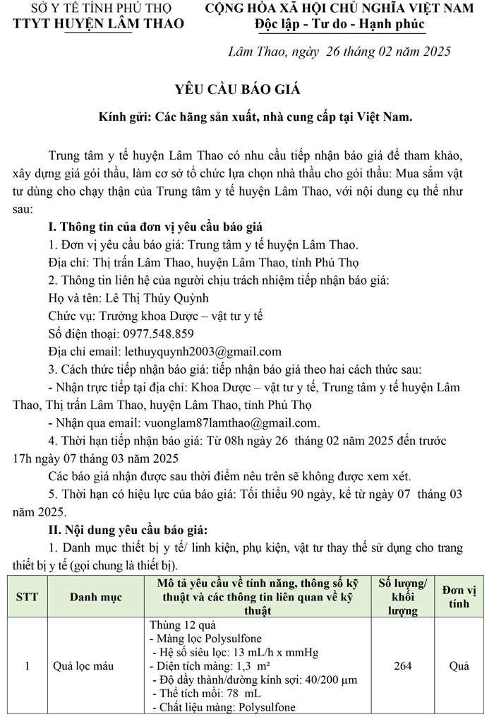 Yêu cầu báo giá vật tư dùng cho chạy thận (02/2025)