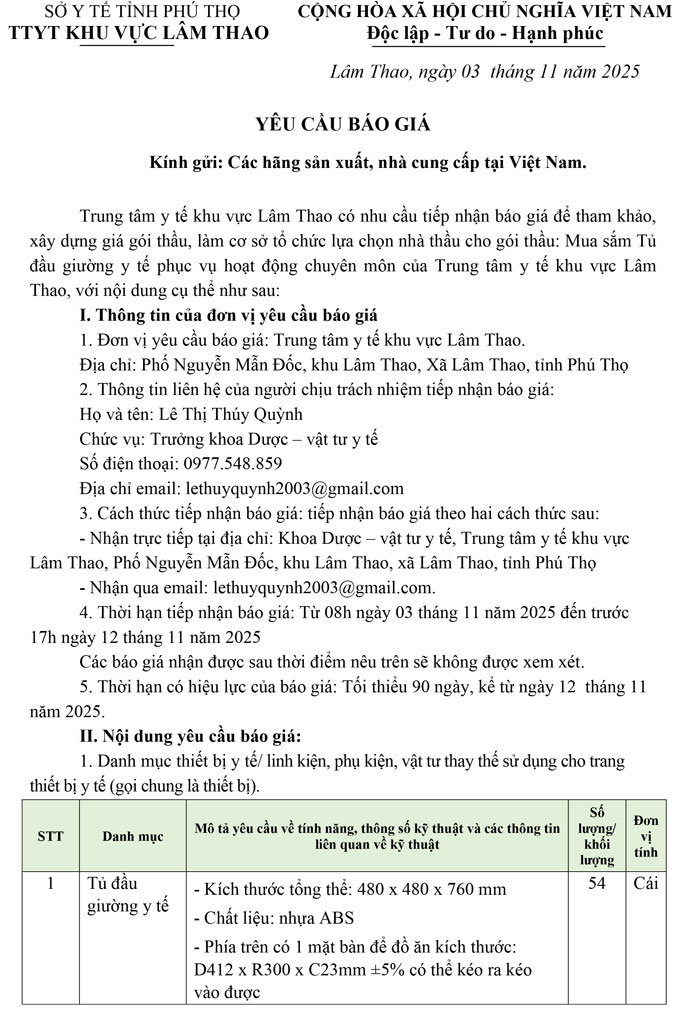 Yêu cầu báo giá mua sắm Tủ đầu giường y tế phục vụ hoạt động chuyên môn của Trung tâm y tế khu vực Lâm Thao