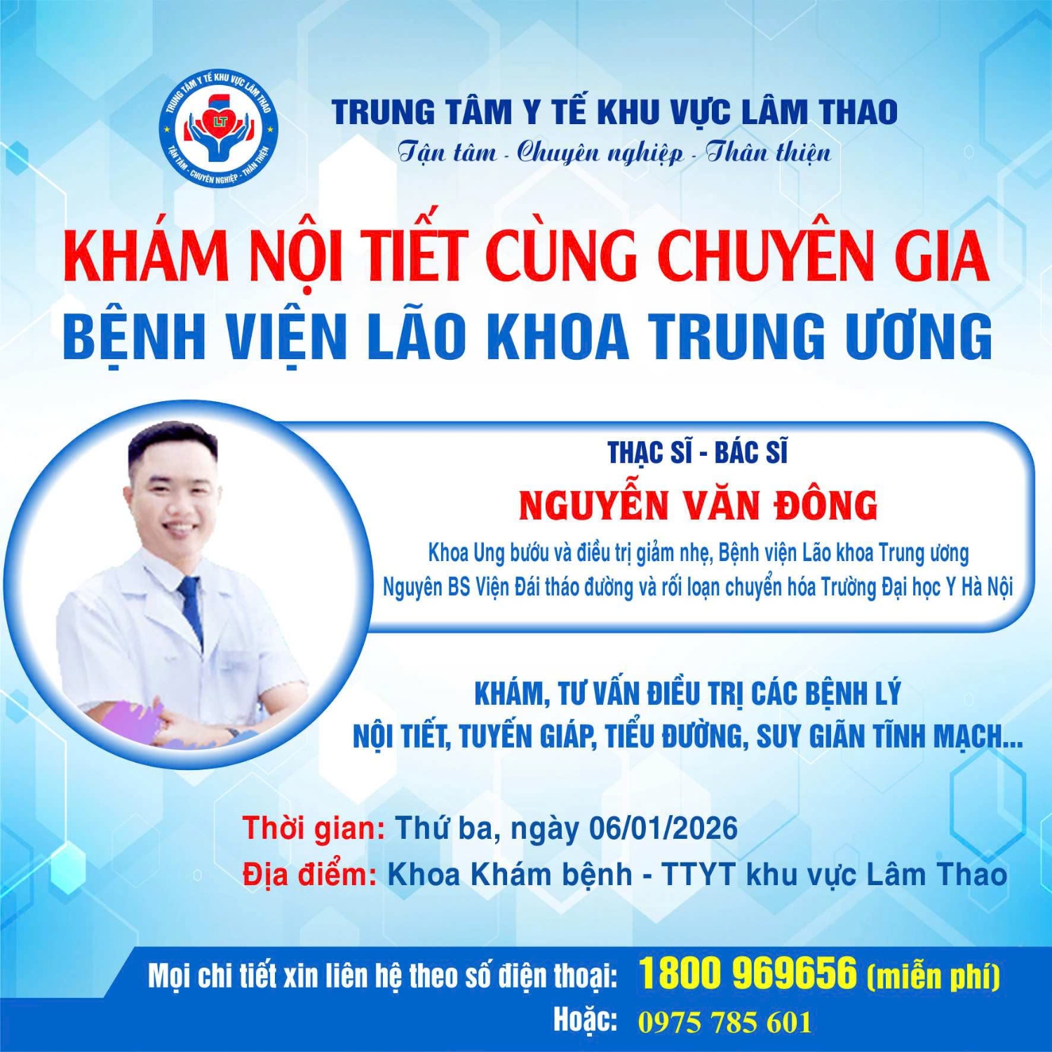 Thông báo! Lịch thăm khám chuyên gia Nội tiết tháng 01/2026 tại Trung tâm Y tế khu vực Lâm Thao