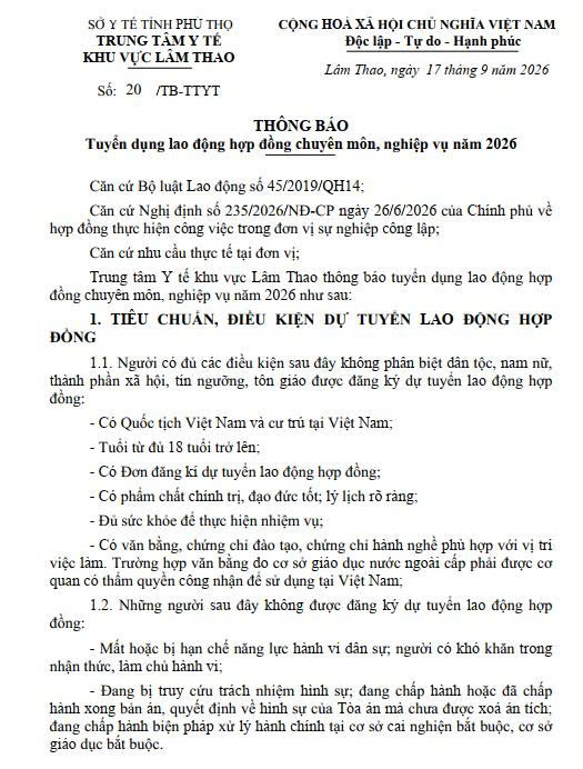 Thông báo tuyển dụng lao động hợp đồng chuyên môn, nghiệp vụ năm 2026